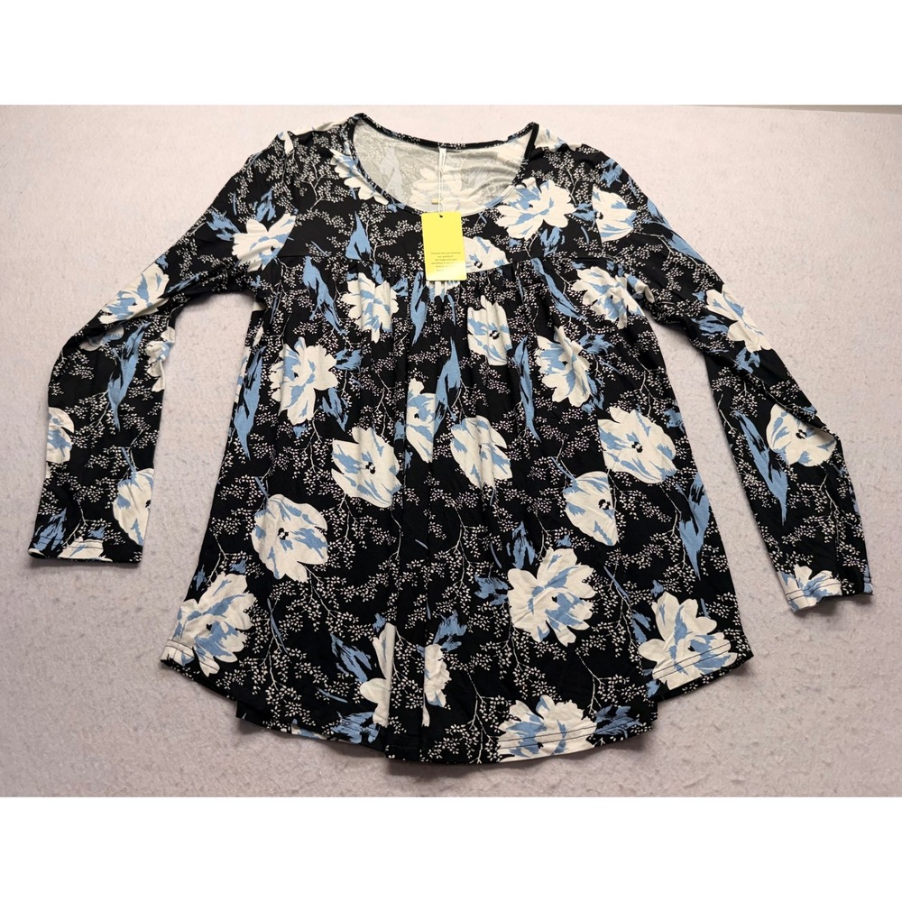 Longyuan Women 2XL Floral Tunic Top Long Sleeve Black Blue Empire Waist Blouse
